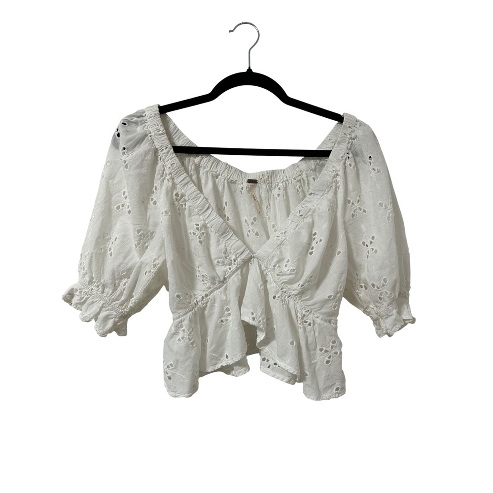Free People Eyelet Peplum Top Womens Small White Cottagecore Puff Sleeve Blouse